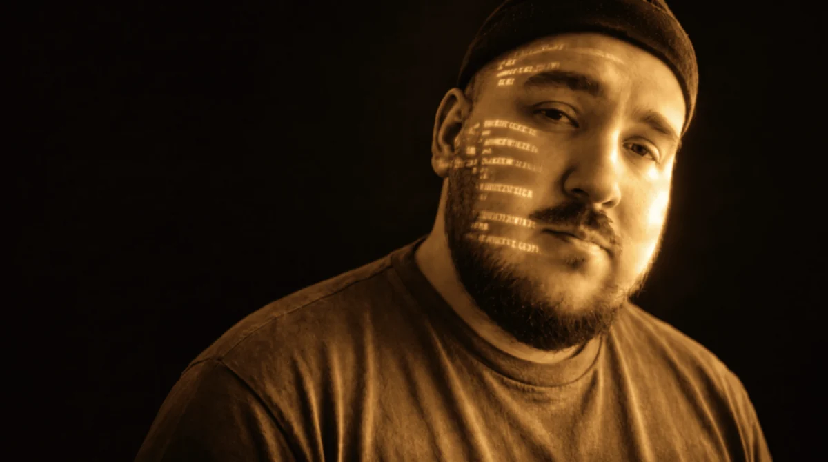 Misha, lit by code projected onto his face
